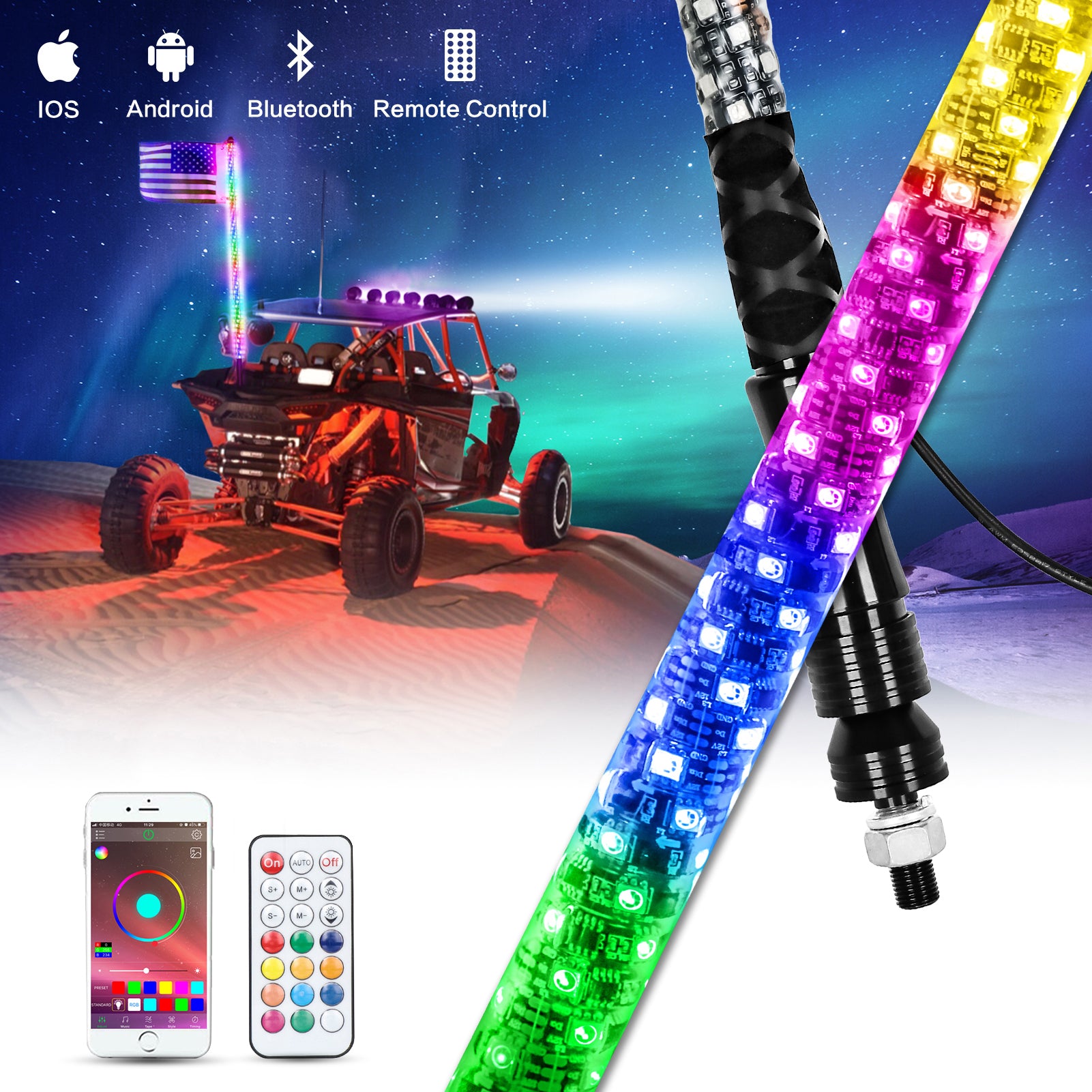 Pair 3ft RGB Spiral LED Whip Lights Antenna Chase Buletooth&Remote for ATV UTV