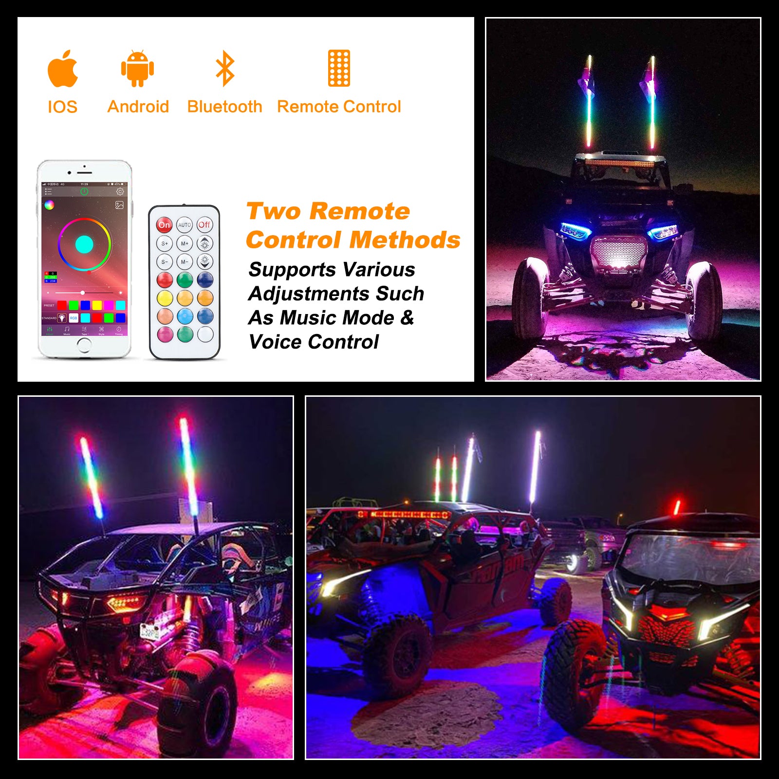 Pair 3ft RGB Spiral LED Whip Lights Antenna Chase Buletooth&Remote for ATV UTV