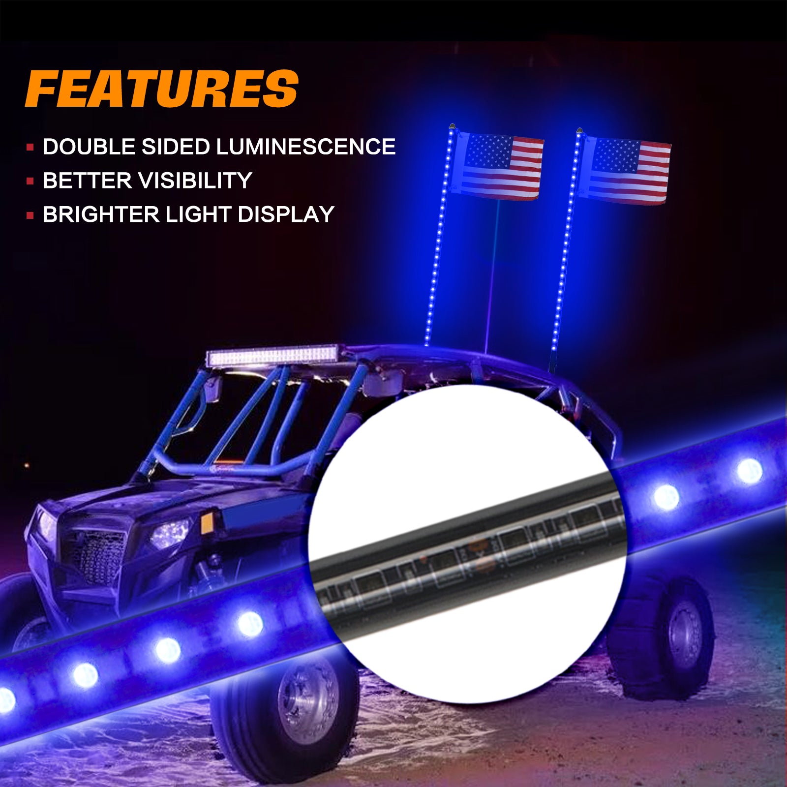 3ft LED Whip Blue Lights Waterproof Flag Pole Safety Antenna with Flag for Can Am Maverick X3 Sand Dune Buggy UTV ATV 2020 Polaris RZR XP 4X4 Offroad Truck 4 Wheels - 1PCS
